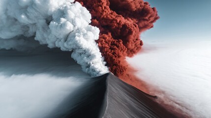 aerial drone view of volcanic eruption, smoke column and lava flow patterns