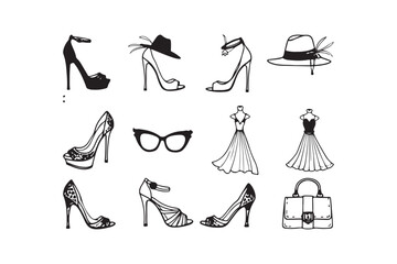 Chic fashion accessories collection featuring shoes dresses hats and a handbag