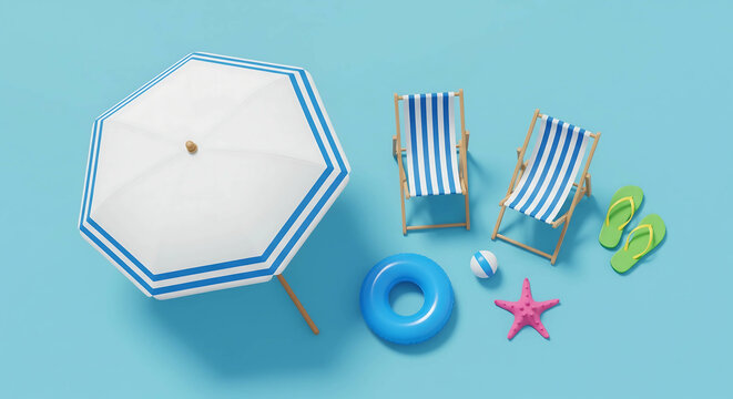 Summer vacation beach scene flatlay minimalist style blue background two striped deck chairs white blue umbrella inflatable ring beach ball flip flops starfish pastel colors cheerful mood