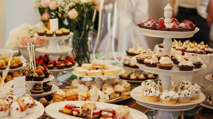 Naklejka premium Retro-style Coffee and Dessert Table Arrangement: A Nostalgic Journey Through Vintage Elegance, Timeless Flavors, and Artistic Presentation for Themed Events, Weddings, and Retro-inspired Gatherings
