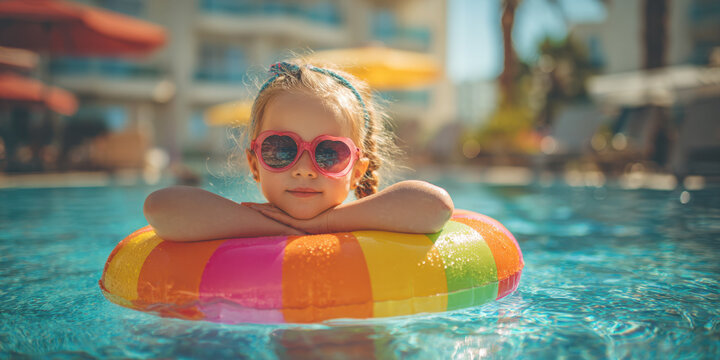A happy child with cool sunglasses smiles brightly while playing with a colorful beach ball in a vibrant blue swimming pool at a sunny resort, embodying summer fun and vacation joy - Powered by Adobe