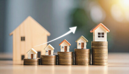 Property Growth: Miniature houses perched atop ascending stacks of coins, symbolizing a steady rise in property values and the potential for financial growth.