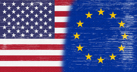 Distressed USA flag stars and stripes and EU European Union flag background