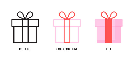 Gift icon set. Present, box with a bow and ribbon, holiday, celebration, surprise, birthday, etc. Outline, color outline, fill. Vector illustration. Editable stroke. Flat design.