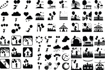 Floating Balloon Girl Silhouette – Kids Party Black Icon Pack Girl Holding Balloons Silhouette Set – Cute Celebration Icon Vector