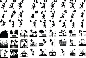 Floating Balloon Girl Silhouette – Kids Party Black Icon Pack Girl Holding Balloons Silhouette Set – Cute Celebration Icon Vector