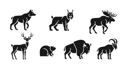 Naklejka premium Vector collection of wildlife animals vector icons featuring wolf lynx moose deer beaver bison and mountain goat set