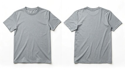 Grey heather short-sleeve crew neck t-shirt mockup; front and back views, isolated on white background.