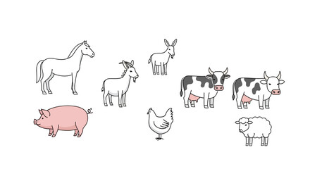 Vector farm animals vector illustration featuring horse cow pig goat sheep and chicken for educational resources design