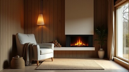 Fototapeta premium Minimalist Cabin Living Room Featuring a Modern Fireplace and Comfortable Armchair for Inviting Warmth