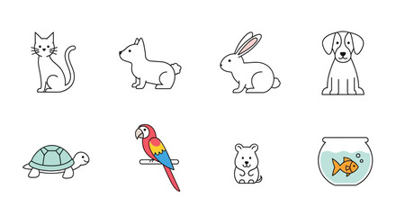 Vector cute pet animals vector illustration collection of cat dog rabbit parrot turtle hamster and goldfish bowl design