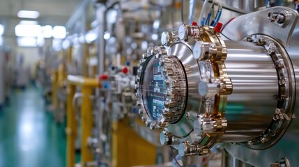 A close-up of intricate machinery reveals advanced technology and precision engineering in a modern industrial setting. The scene captures the complexity of the equipment involved in manufacturing