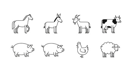 Vector farm animals vector illustration featuring horse donkey goat cow pig chicken and sheep outline drawing design set