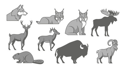 Vector wildlife illustration featuring wolf lynx moose deer bison beaver and ram vector graphic design art