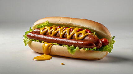 Freshly made hotdog with mustard ketchup and lettuce on a white background