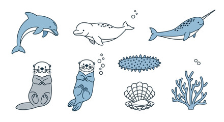 Obraz premium Vector ocean animals illustration featuring dolphin narwhal otter sea cucumber coral and shell drawing art design