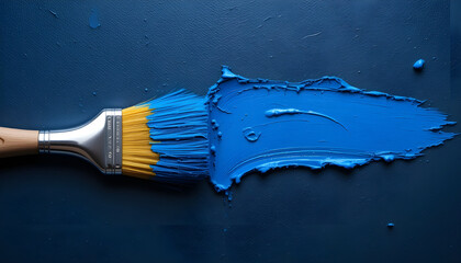 Close-Up Photo of Paintbrush and Blue Paint Stroke on Dark Textured Surface