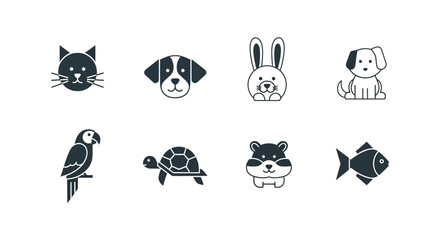 Fototapeta premium Vector cute pet animal icons vector set featuring cat dog rabbit parrot turtle hamster and fish simple line art