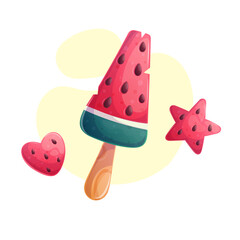 Delicious watermelon ice cream on a stick on a yellow background, triangular piece. The concept of confectionery, baking, cooking. Isolated vector illustration for menu design, posters, banner, covers