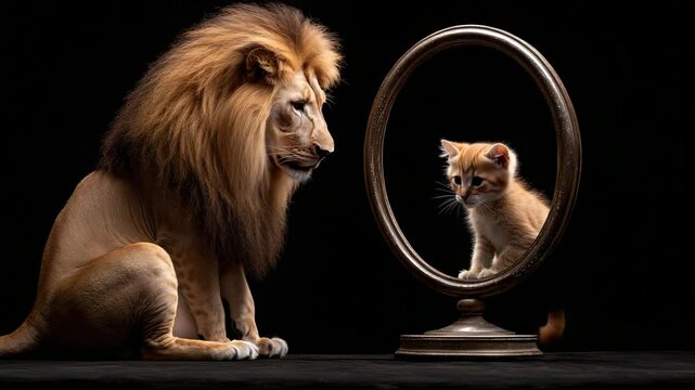 A majestic lion stares into a mirror, seeing not its own powerful reflection, but a small, vulnerable kitten, a surreal, symbolic representation. 