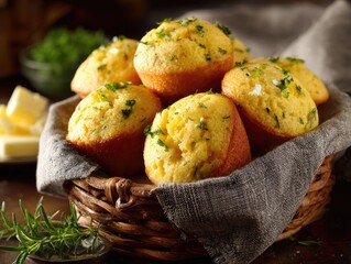 Warm cornbread muffins on a cloth-lined basket with butter and herbs, homely breakfast scene