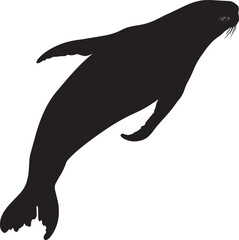 Walrus Diving Body angled downward, using flippers to dive beneath the surface of the water. full length silhouette black vector illustration