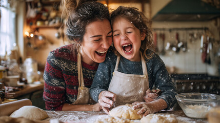 A mother and daughter laughing together while baking cookies, enjoying family time, happy moments, cozy kitchen, bonding, fun activity, warmth, love, and joy.
