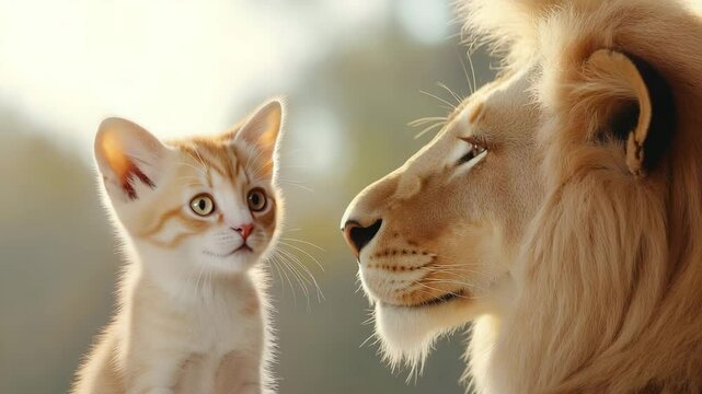 A curious kitten gazes up at a majestic lion, the unlikely pair creating a charming portrait of contrast and connection.