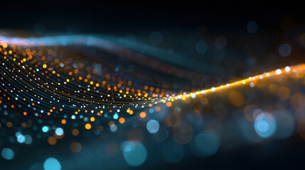Swirling waves of glowing blue and orange dots create a mesmerizing visual symphony in a digital atmosphere