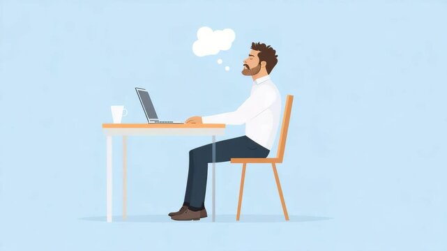 An office worker lost in deep thought sits at a desk with a laptop. A speech bubble of a cloud floats above, signifying day dreaming or contemplation. Capturing the essence of focus, concentration.