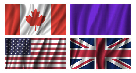 Vector set of pixel mosaic flags of Canada, United States of America, United Kingdom and blank wavy purple banner. Collection of state symbols from pixels