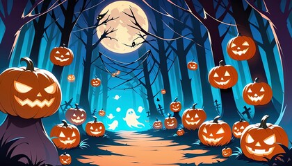 Halloween night path in a spooky forest.