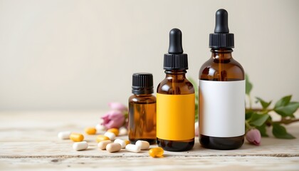 Essential oils and vitamin bottles