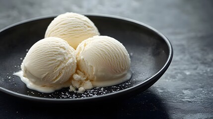 Three scoops of creamy vanilla ice cream melt slightly on a dark plate, resting on a textured slate surface, showcasing simple induence and frozen dessert joy.