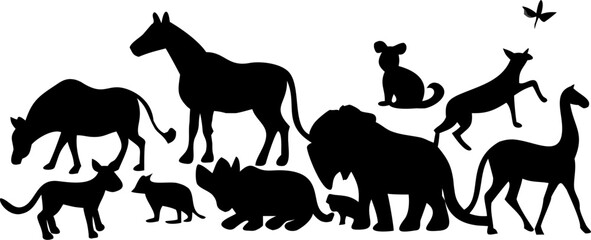 A diverse collection of black vector animal silhouettes, including running horses, dogs, cats, elephants, and other wild and domestic mammals, perfect for illustrations and icons