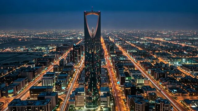 Kingdom Centre Tower: Riyadhs Skyline at Night Urban Landscape Modern Architecture.
