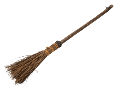 Old witch's broom side view, isolated PNG transparent background