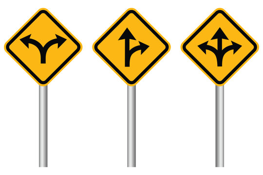 Fork in the road sign, One, Two and three way arrows set. The road splits. Warning yellow diamond road sign. Vector illustration.