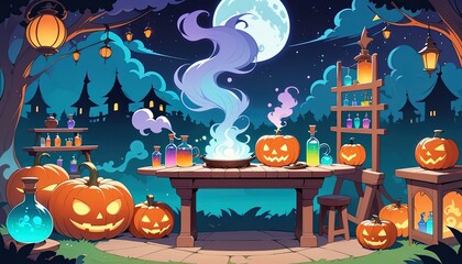 Outdoor halloween pumpkin workshop at night.