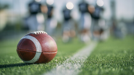 Close-up view of an American football resting on vibrant green grass with players engaged in practice in the distance