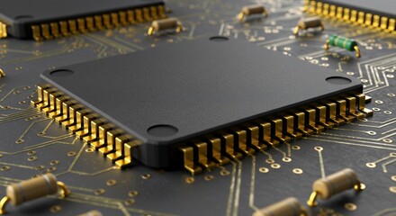 Close-up of a Microchip with Gold Pins on a Circuit Board, Technology Concept