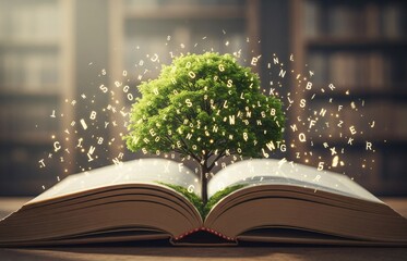 Literacy and growth concept with open book, growing tree, and floating English letters, designed to celebrate International Literacy Day
