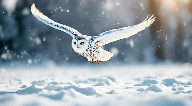 Snowy owl flying in the snow during winter 4k nature video footage