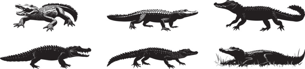 Naklejka premium Crocodile Sunbathing Lying on the bank or surface with mouth open and body extended. full length silhouette black vector illustration