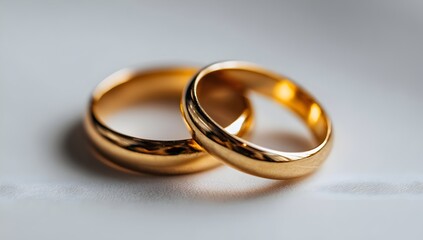 A pair of gold wedding rings on white background
Two golden wedding rings interlocking, symbolizing love and commitment