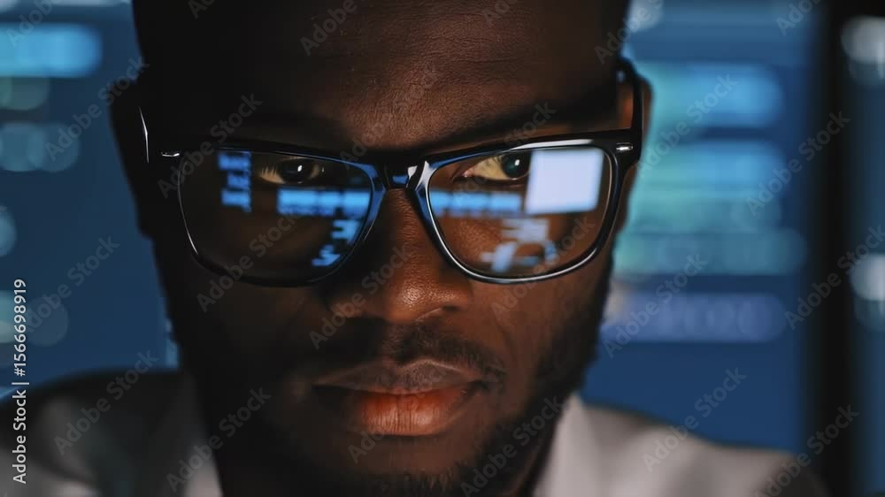 Poster coding genius: a focused african descent man is intently coding, with lines of code reflecting in hi