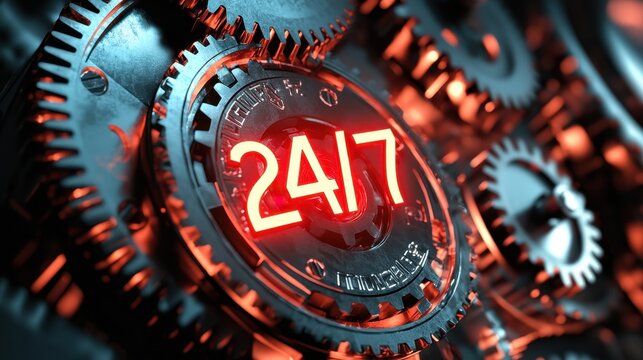 Red glowing numbers show 24/7 amidst intricate metal gears, symbolizing constant activity and readiness in a mechanical environment. The design emphasizes efficiency and reliability