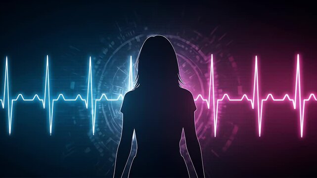 Woman Silhouette With Glowing Heartbeat Graphics Tech Abstract