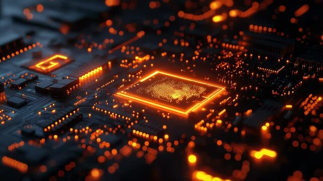 Futuristic glowing microchip circuit board with vibrant orange LED lights and technology elements