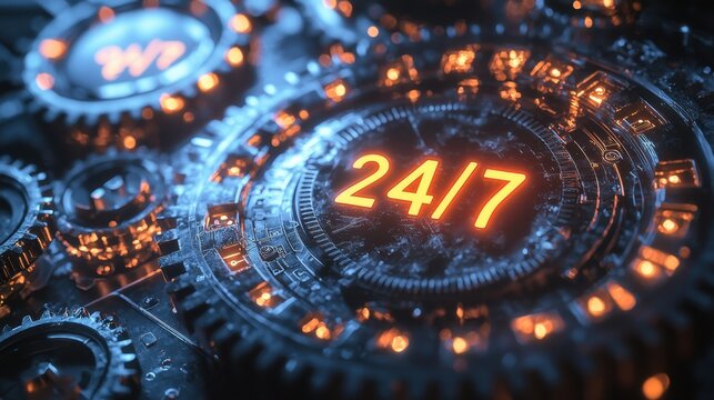 Intricate gears and mechanisms glow in orange, showcasing the phrase 24/7. The detailed design captures an industrial yet modern atmosphere, symbolizing constant availability